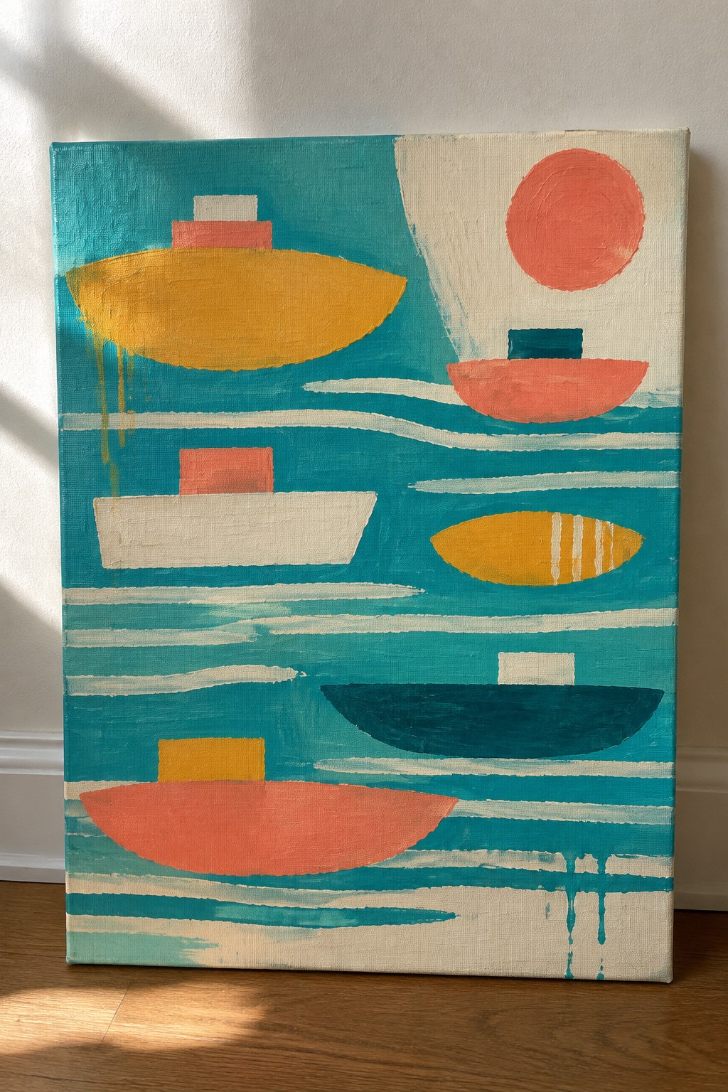 Abstract canvas with stylized boats in yellow, coral, white on teal waves and red sun