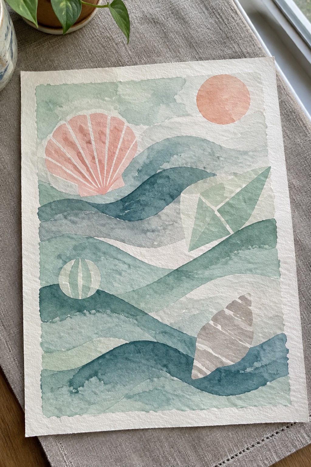 Abstract watercolor with teal waves, pink seashell, conch shell, and sun circle.