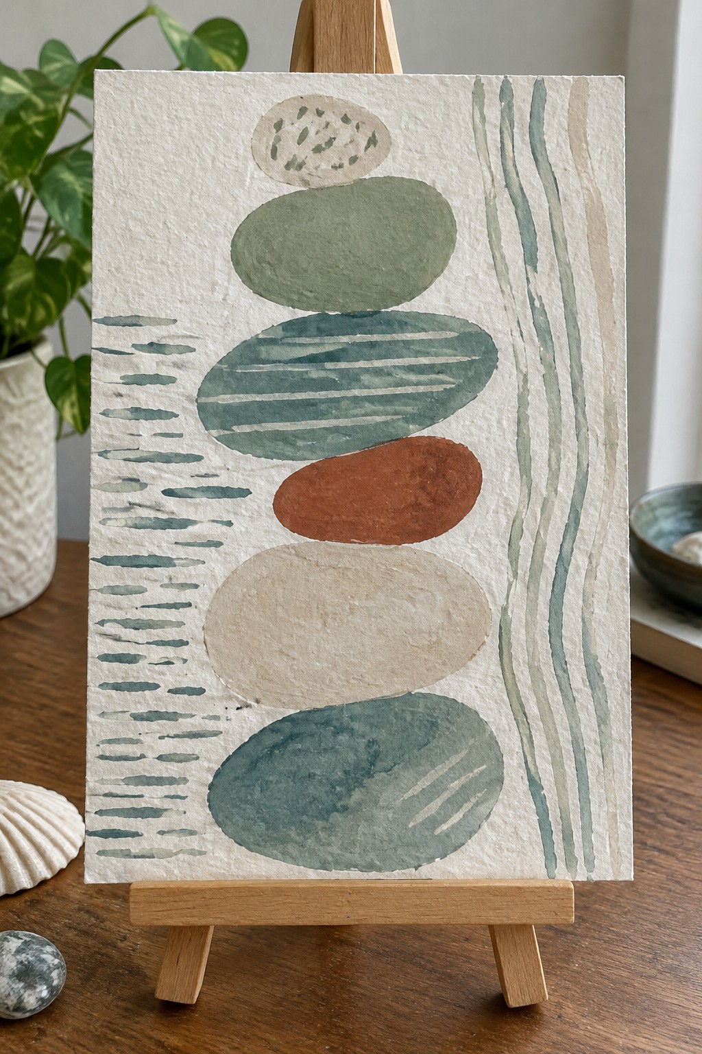 Abstract watercolor of stacked oval stones in green, brown, and beige on easel