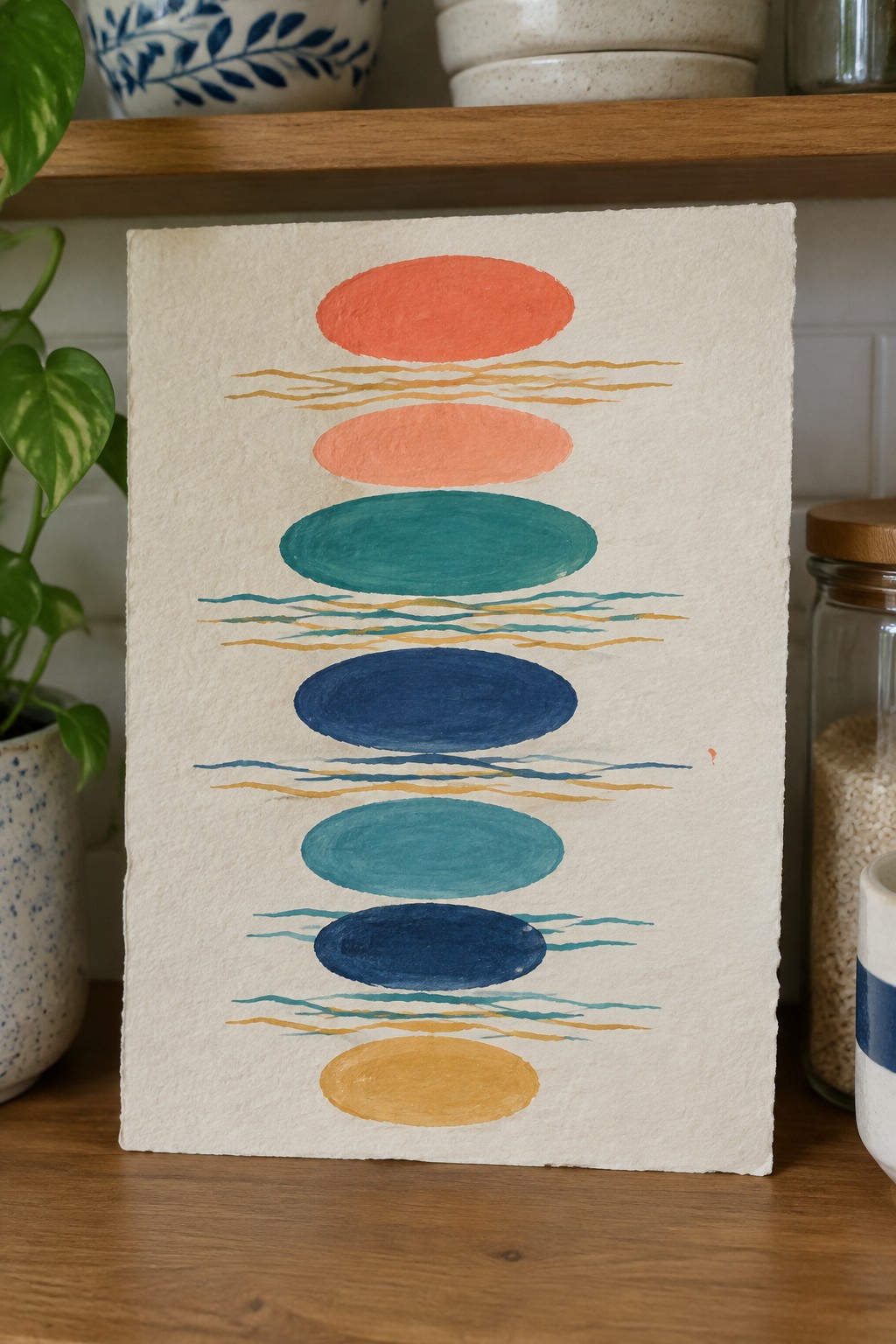 Stacked colorful ovals in orange, teal, blue, and yellow with wavy lines