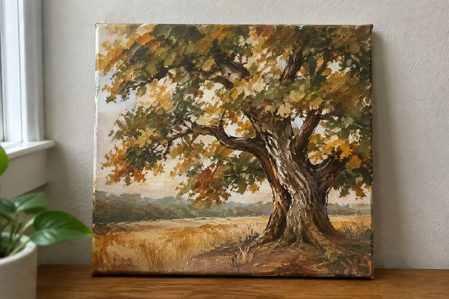Large gnarled tree with green, yellow, and brown autumn foliage in landscape painting