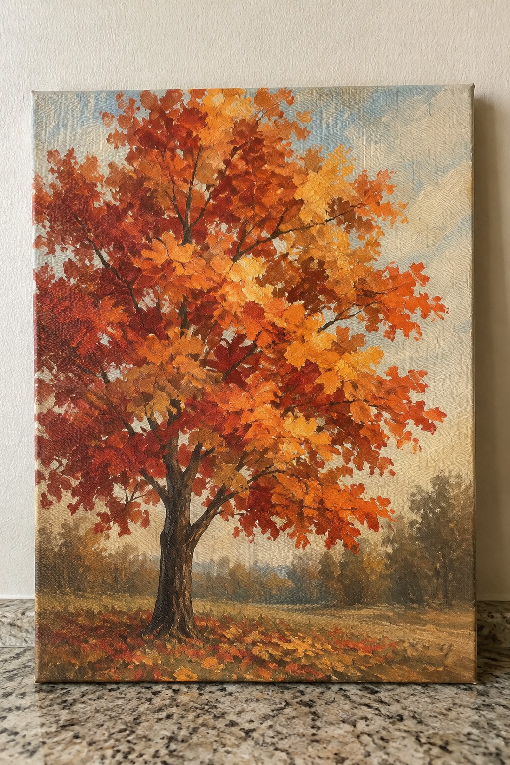 Vibrant painting of autumn tree with red orange yellow leaves on misty landscape
