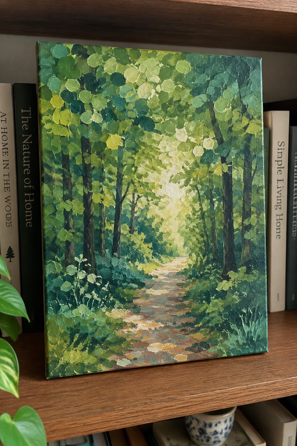 Vibrant impasto painting of sunlit forest path on bookshelf amid books