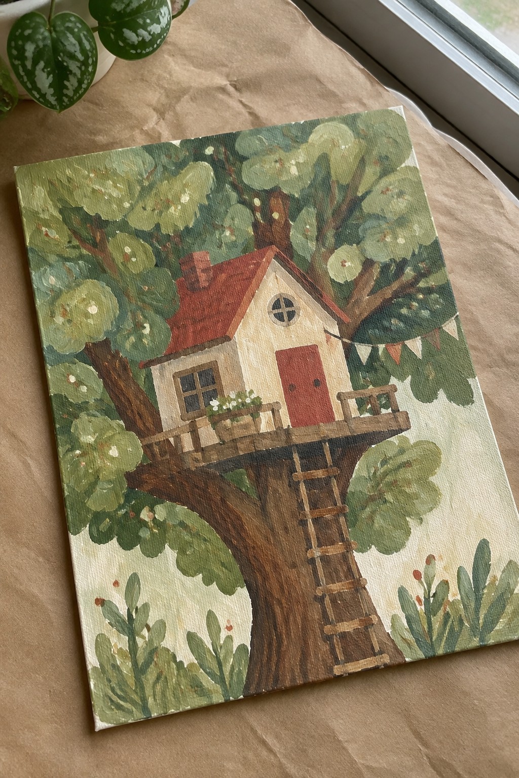 Painting of white treehouse with red roof in lush green tree with ladder.