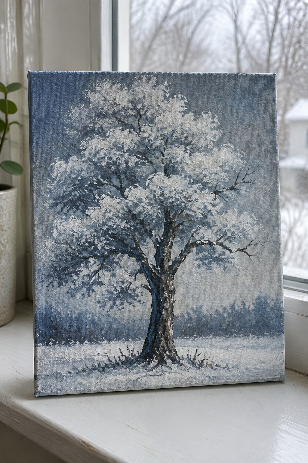 Painting of snow-covered tree on canvas resting on white windowsill