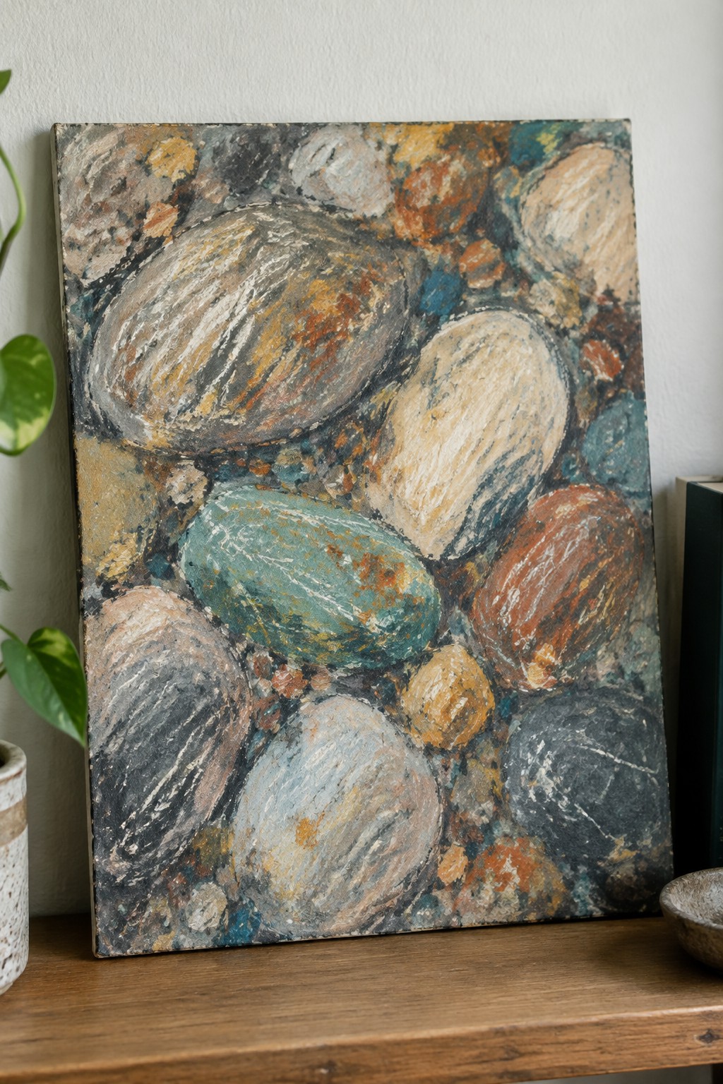 Textured abstract painting of multicolored pebbles on wooden shelf against white wall.