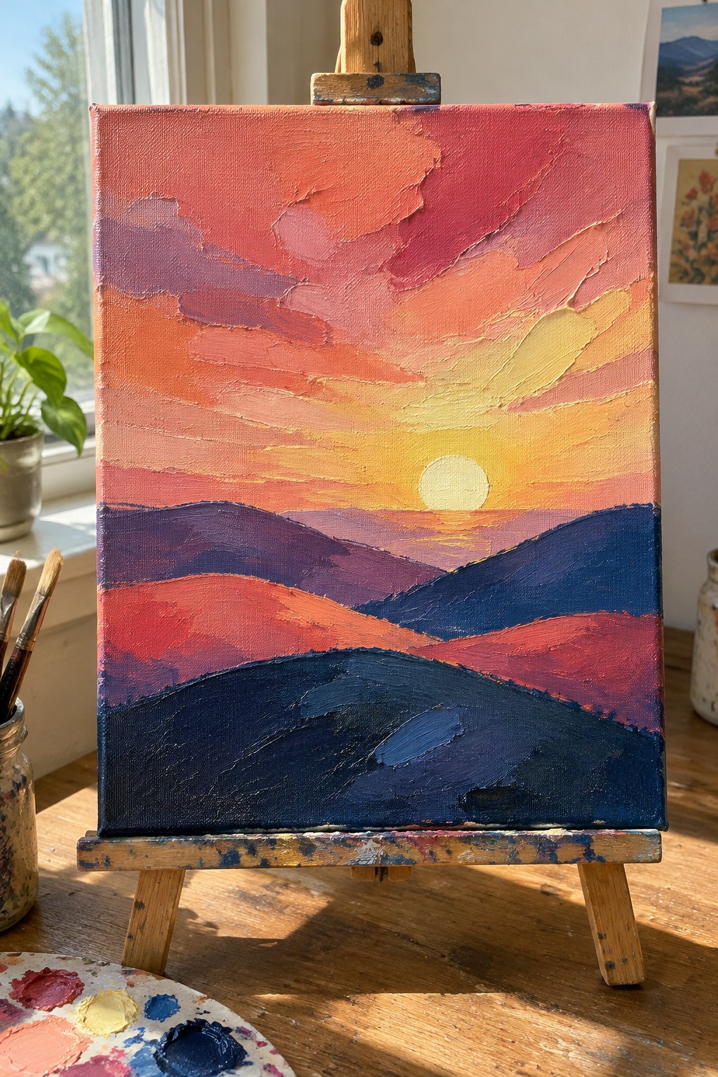 A canvas painting of a sunset with a bright sun above layered hills in bold red, orange, yellow, and dark blue tones.