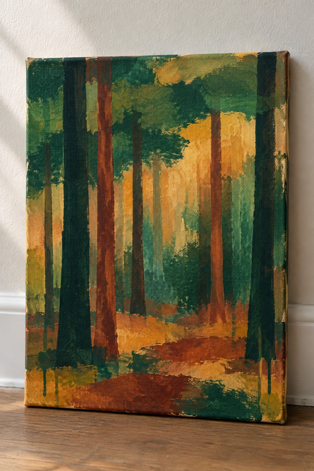 Impressionistic canvas painting of sunlit forest with tall green and brown trees