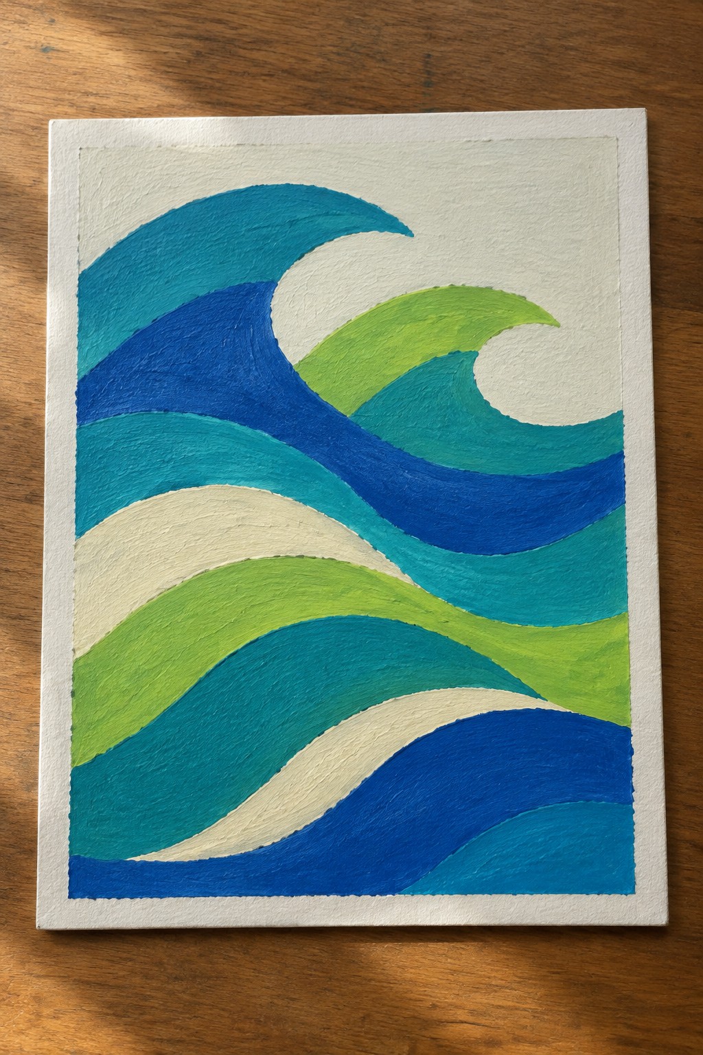 Abstract painting of curved waves in blue, green, teal, and white on canvas.