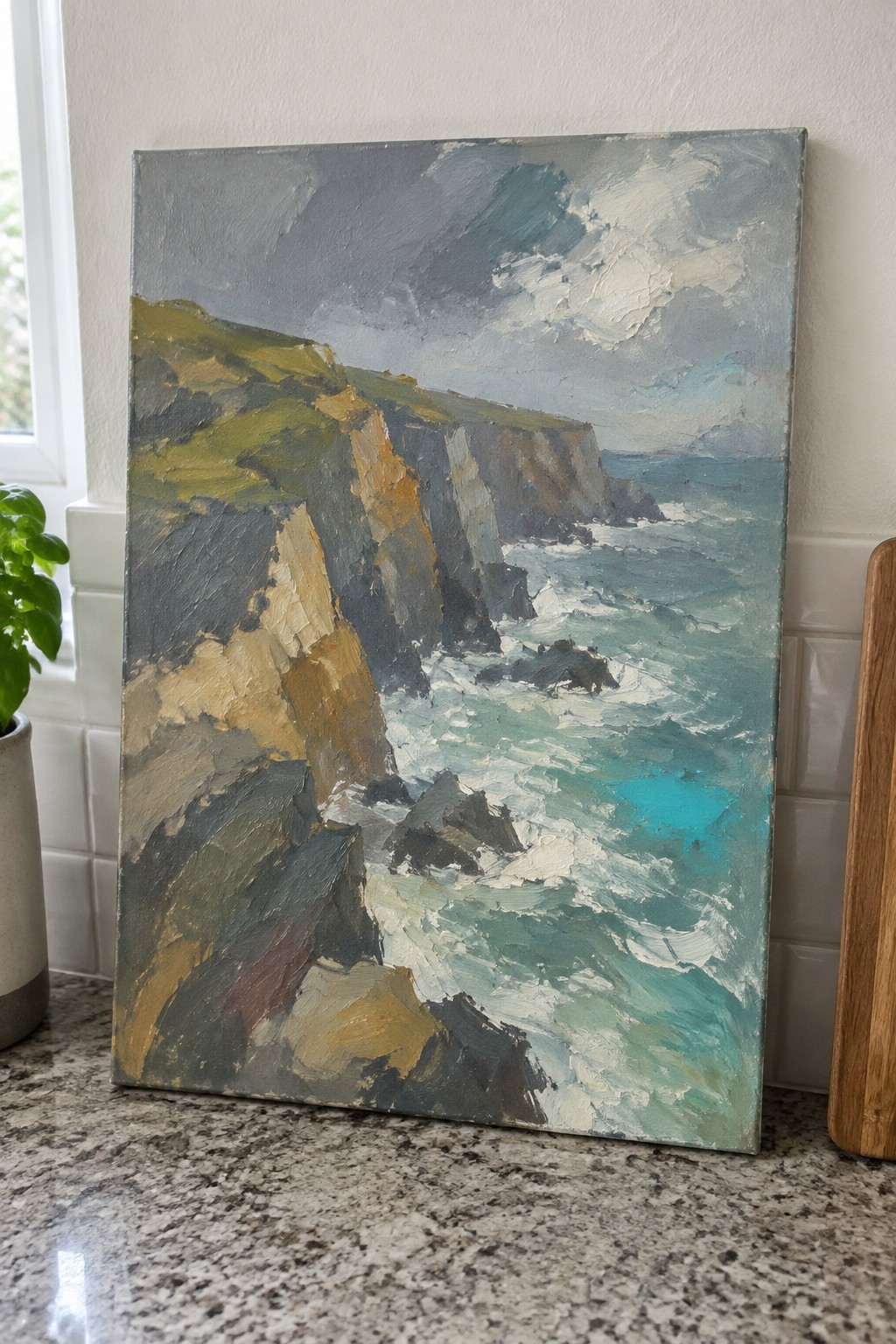 Impasto oil painting of rocky cliffs beside crashing turquoise waves under stormy skies