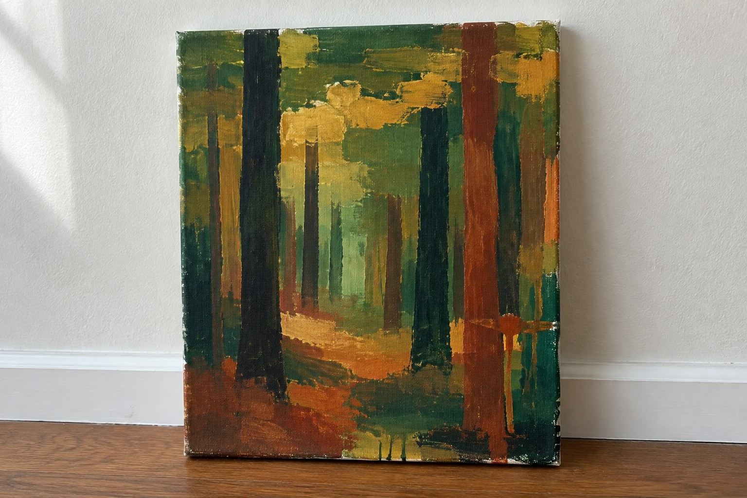 Impressionistic canvas painting of sunlit forest with tall green and brown trees