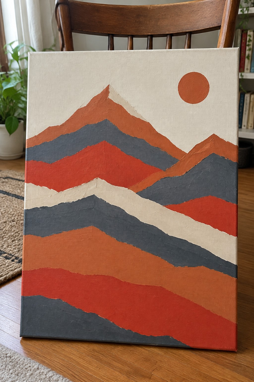 Abstract layered mountain painting in orange, red and gray tones against wooden chair