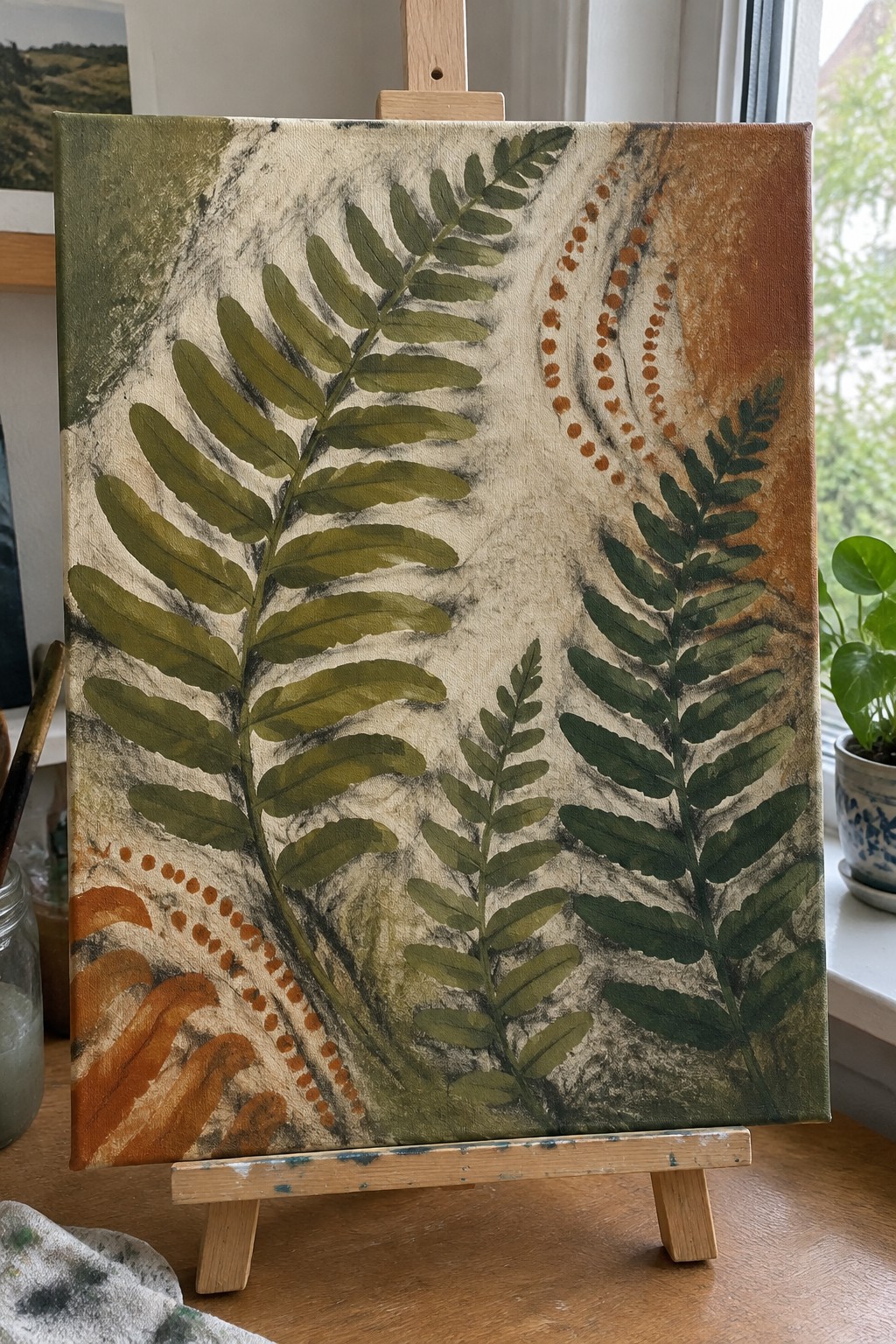Green fern fronds painted on canvas with orange dots on wooden easel