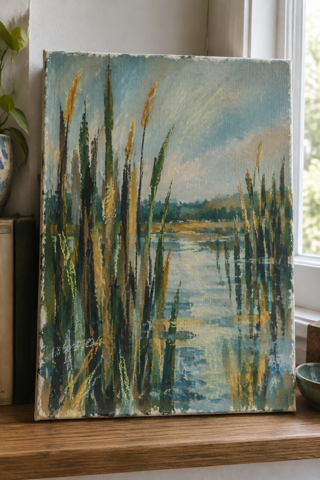Impressionistic painting of tall colorful reeds reflecting in calm blue water on shelf