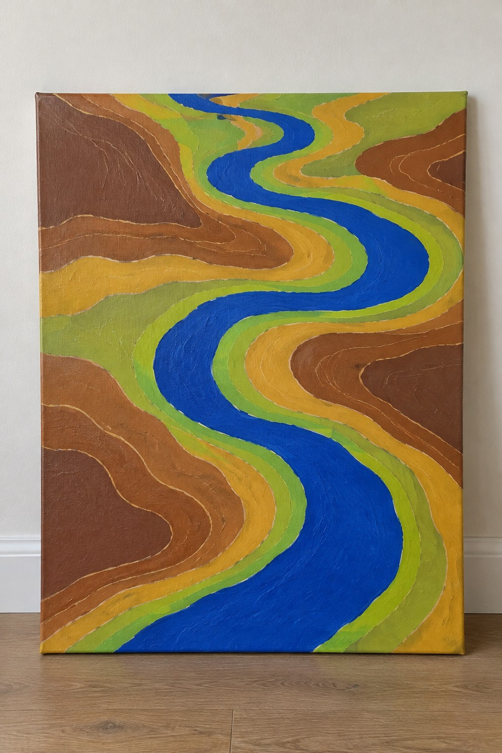 Abstract painting of winding blue river through layered brown, yellow, and green hills.