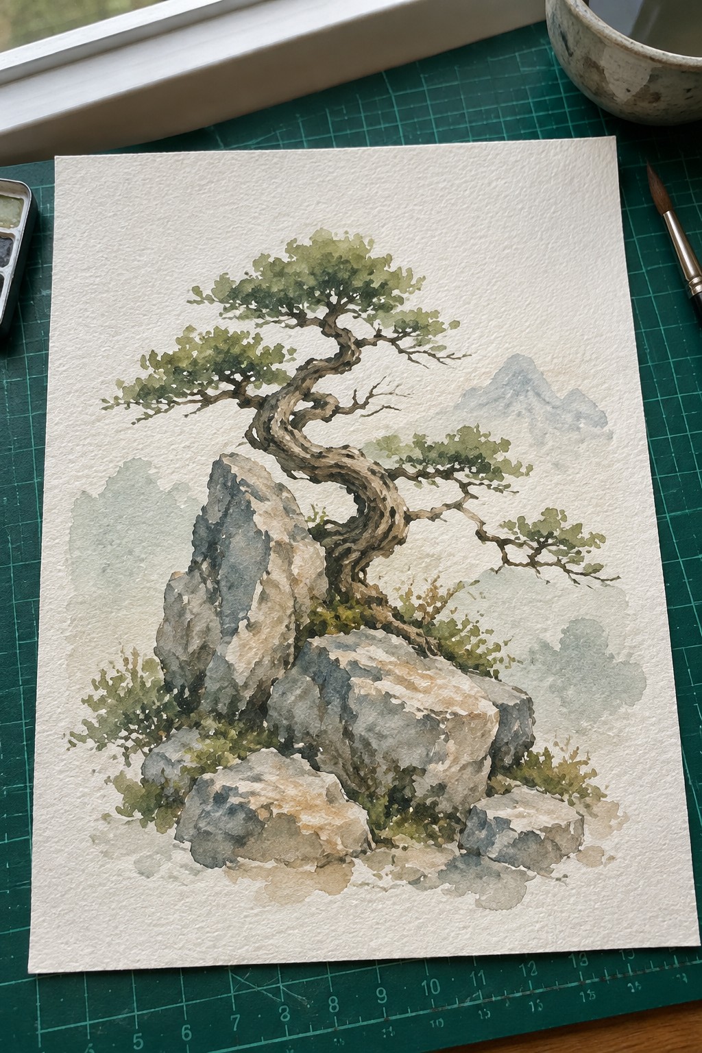 Watercolor of twisted tree on gray rocks with misty mountains on green grid mat.