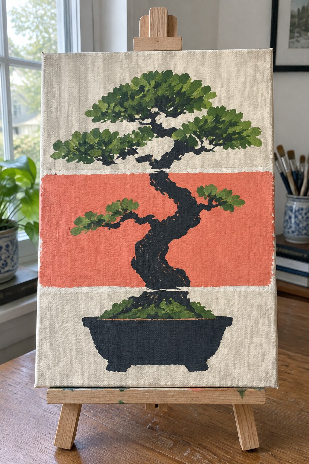 A canvas painting of a bonsai tree divided into three horizontal sections with beige, coral, and beige backgrounds showing the foliage, trunk, and pot.