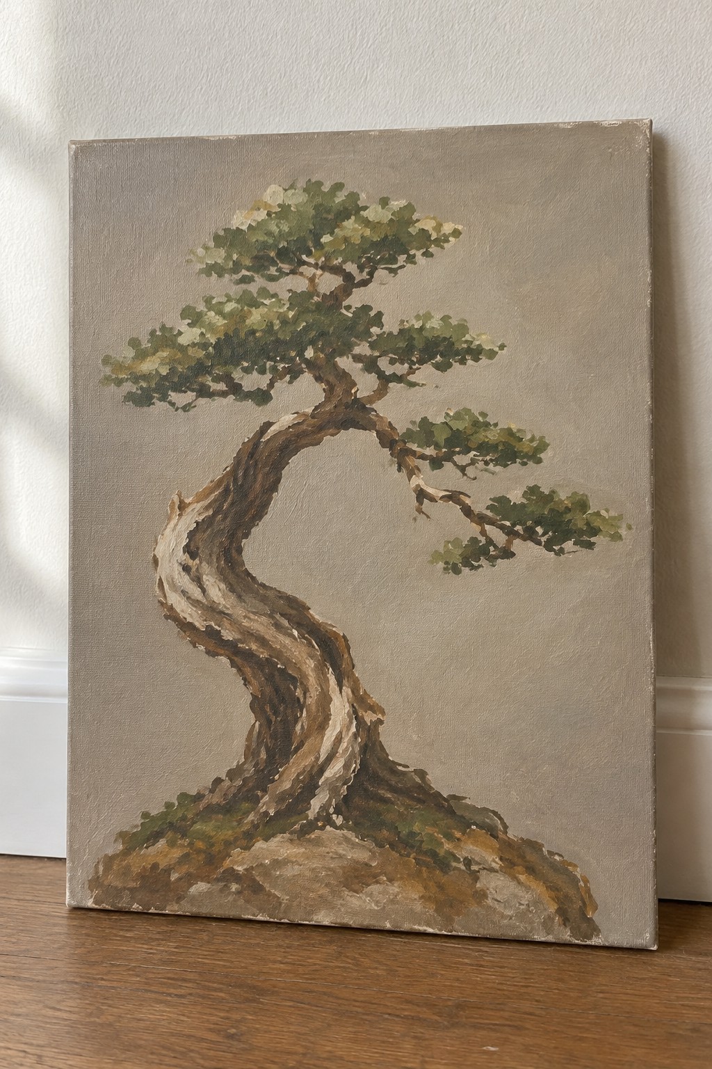 Twisted bonsai tree with green foliage on canvas against wall on wooden floor