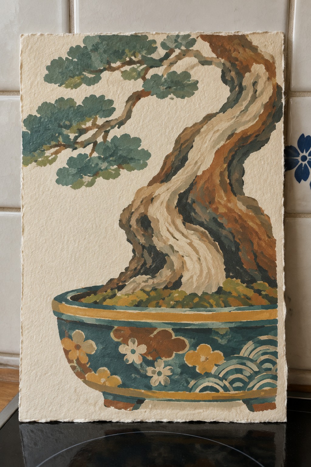 Watercolor painting of a bonsai tree with a twisted trunk and green foliage in a blue pot decorated with flowers and waves, set against a tiled wall.