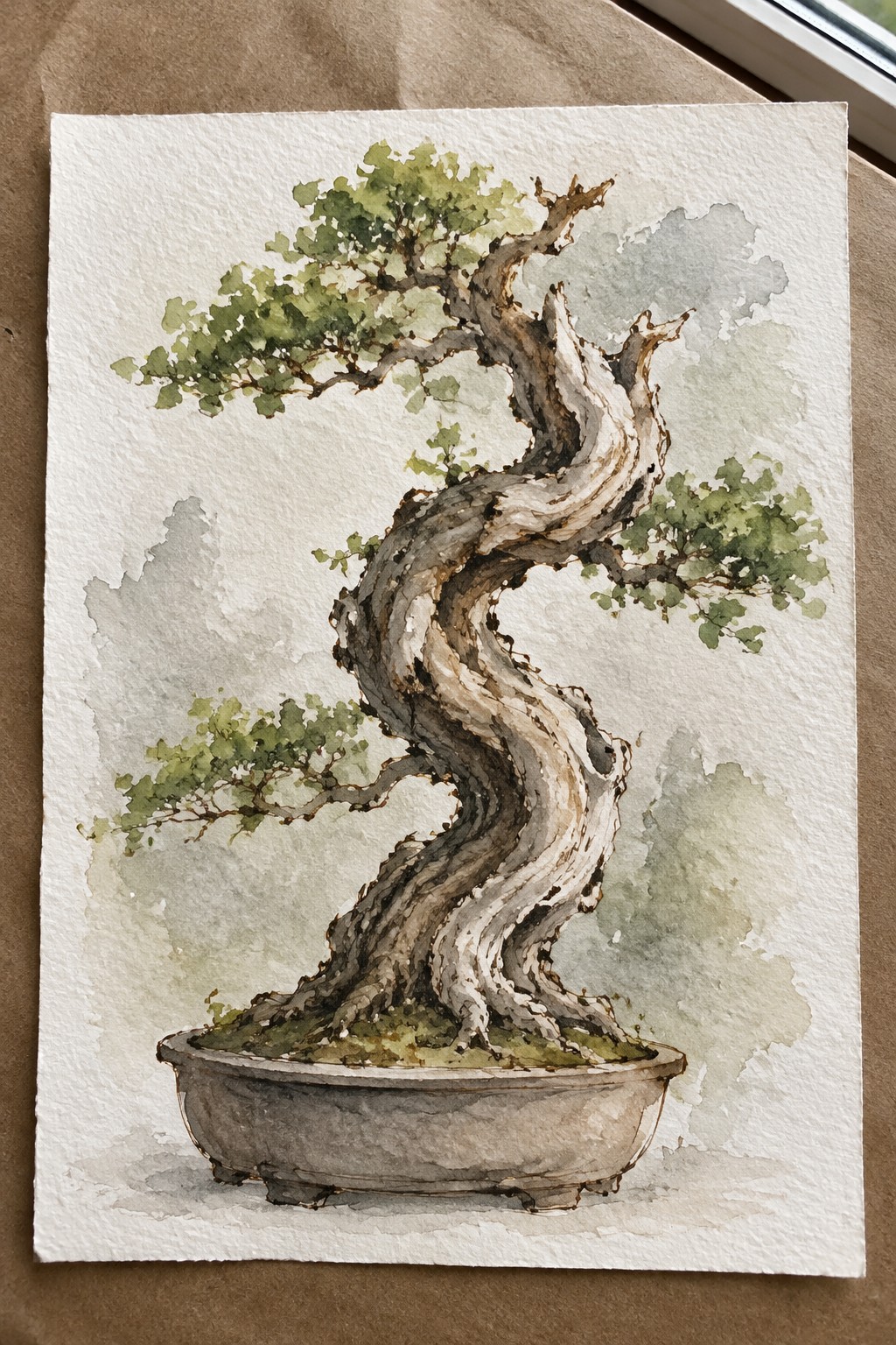 Watercolor of a twisted bonsai tree with green foliage in a shallow pot.