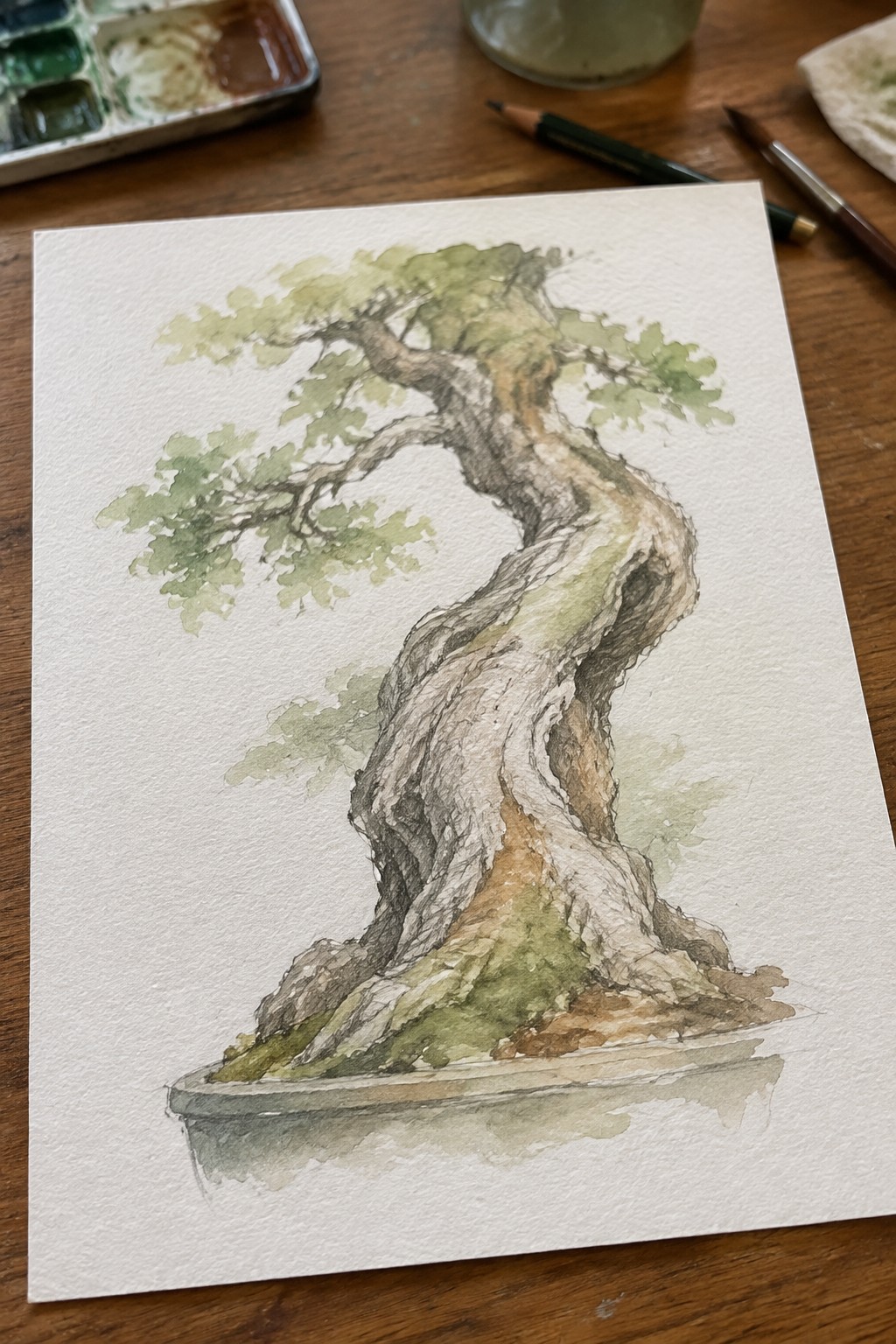 Watercolor painting of twisted bonsai tree with green leaves in shallow pot on wood table