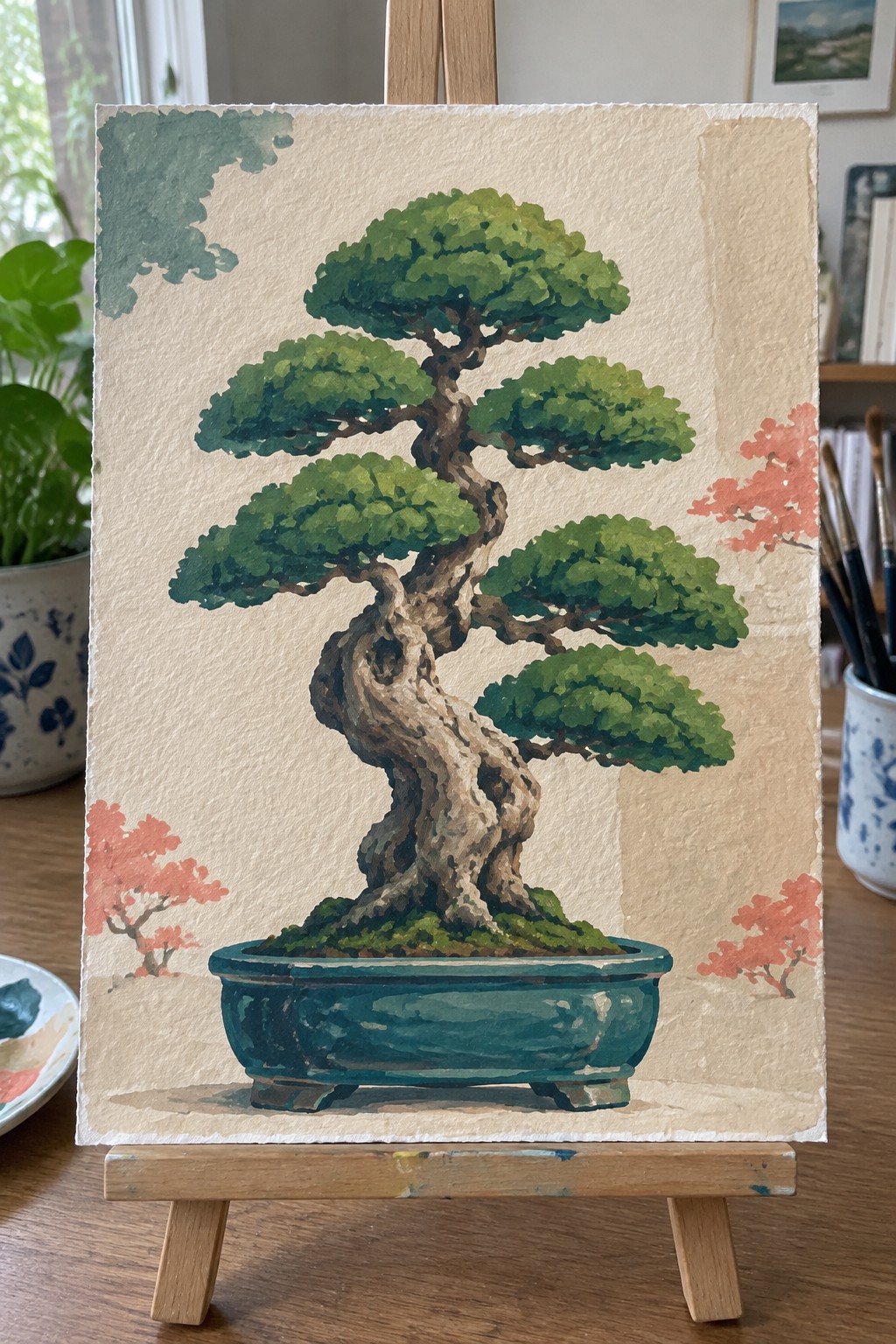 A watercolor-style painting of a bonsai tree with a twisted trunk and green layered foliage in a teal pot, displayed on a small wooden easel.