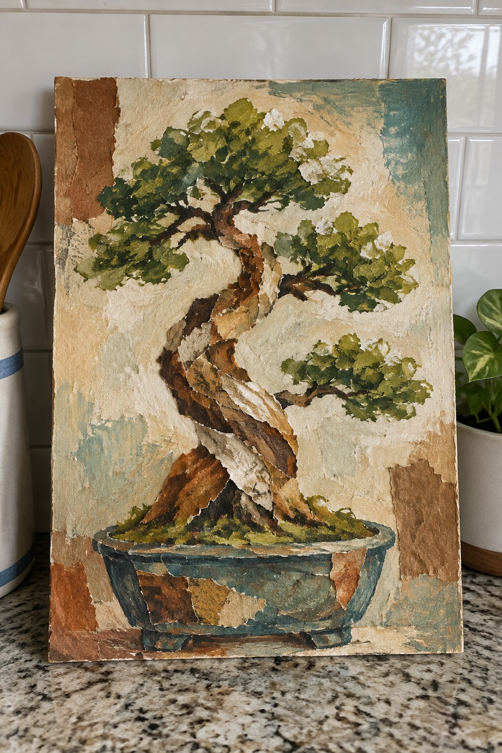 Distressed painting of twisted bonsai tree in blue pot on granite countertop