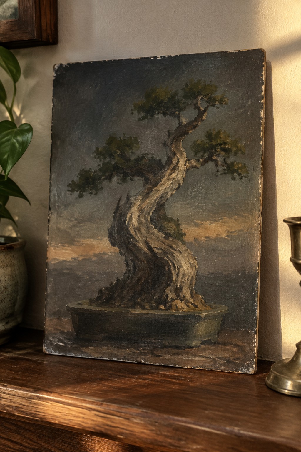 Aged painting of a twisted bonsai tree on wooden surface beside plant and candlestick