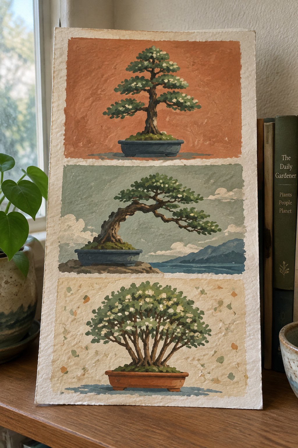 Three stacked watercolor bonsai trees in distinct styles, pots, and scenic backgrounds.