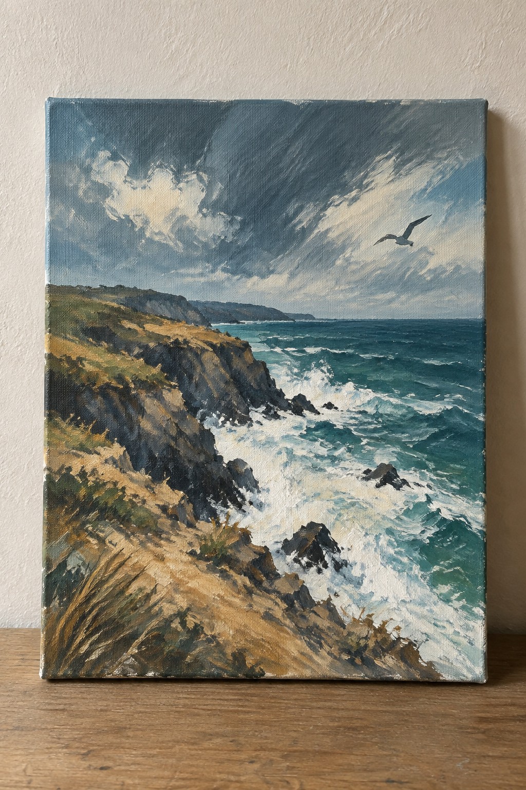 Oil painting of waves crashing on rocky cliffs under stormy skies with a seagull.