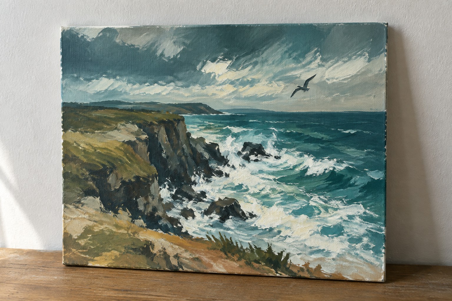 Oil painting of waves crashing on rocky cliffs under stormy skies with a seagull.