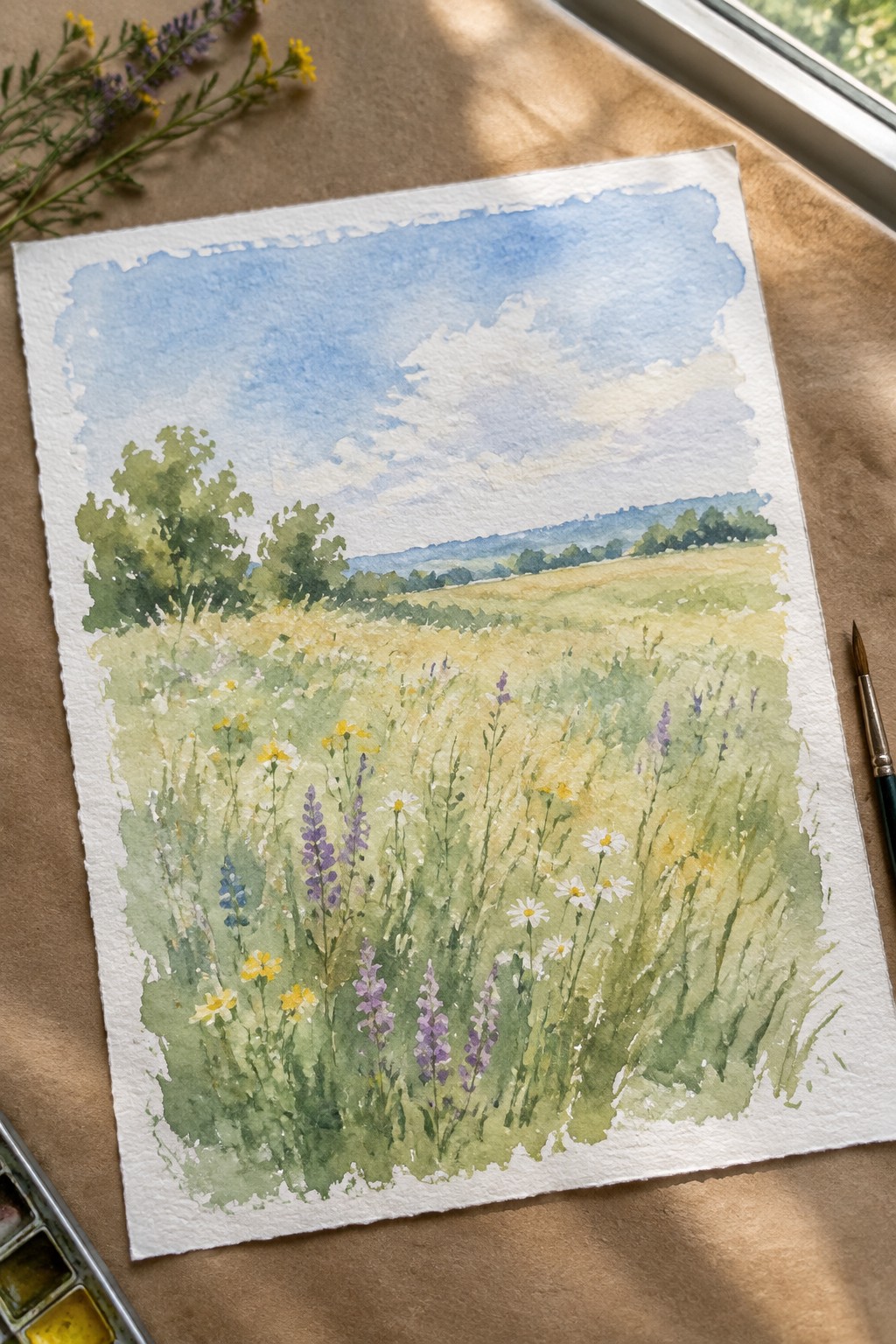 Watercolor painting of wildflower meadow with paintbrush, palette, and flowers on brown surface