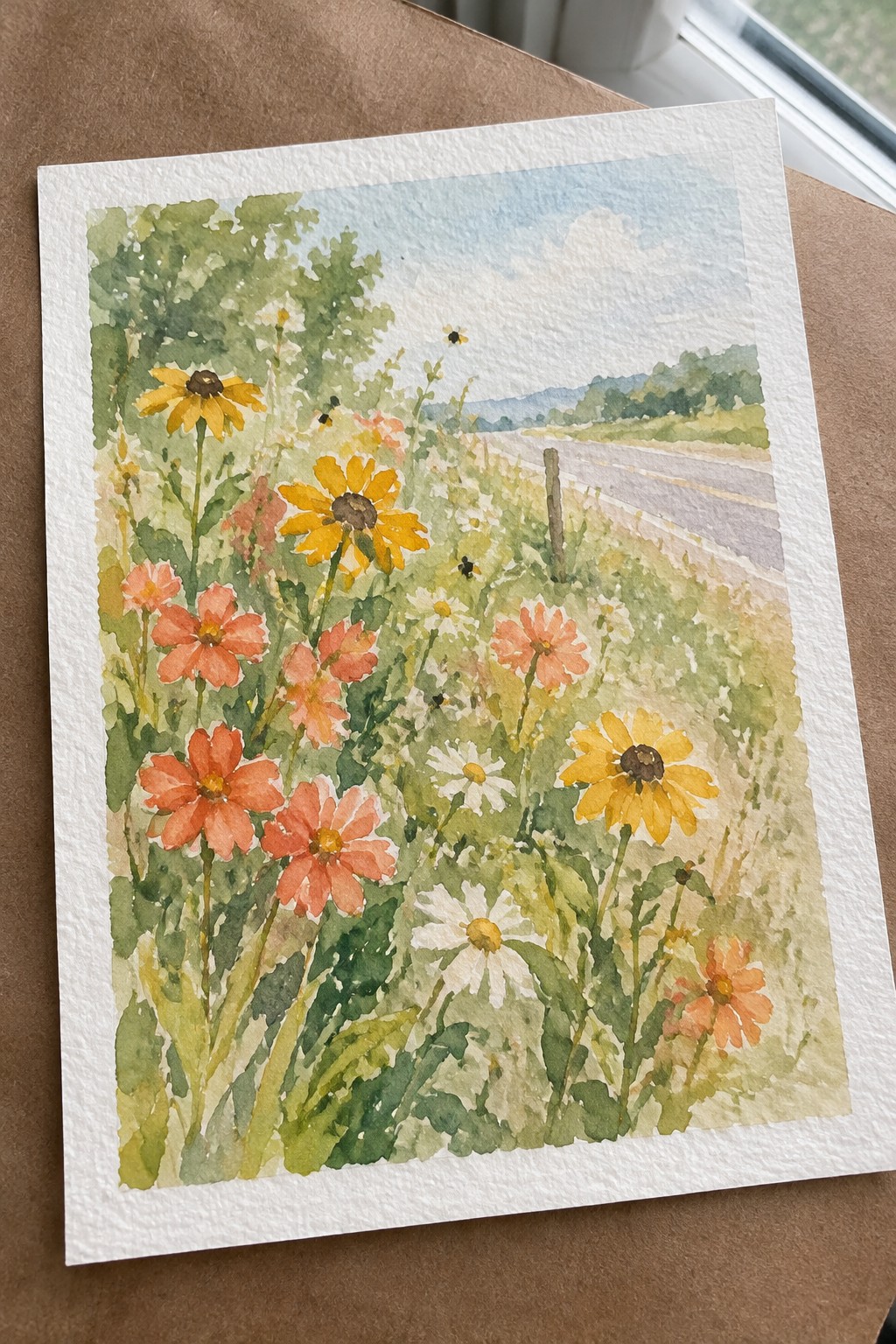 Watercolor wildflower meadow with yellow, orange, and white blooms beside a rural road