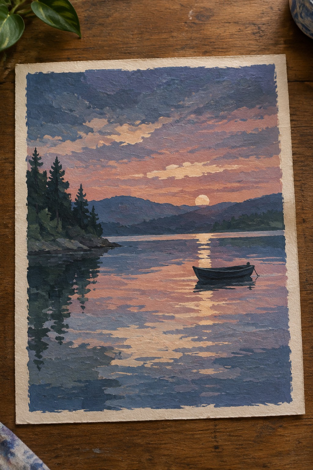A watercolor landscape painting of a sunset over a lake with a small boat, pine trees on the left shore, mountains in the background, and reflections in the water.