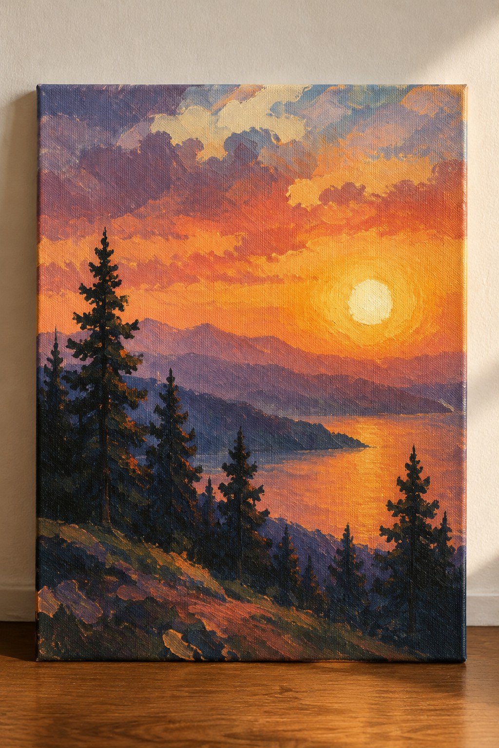 Sunset landscape painting on canvas with sun, mountains, lake and pine trees.