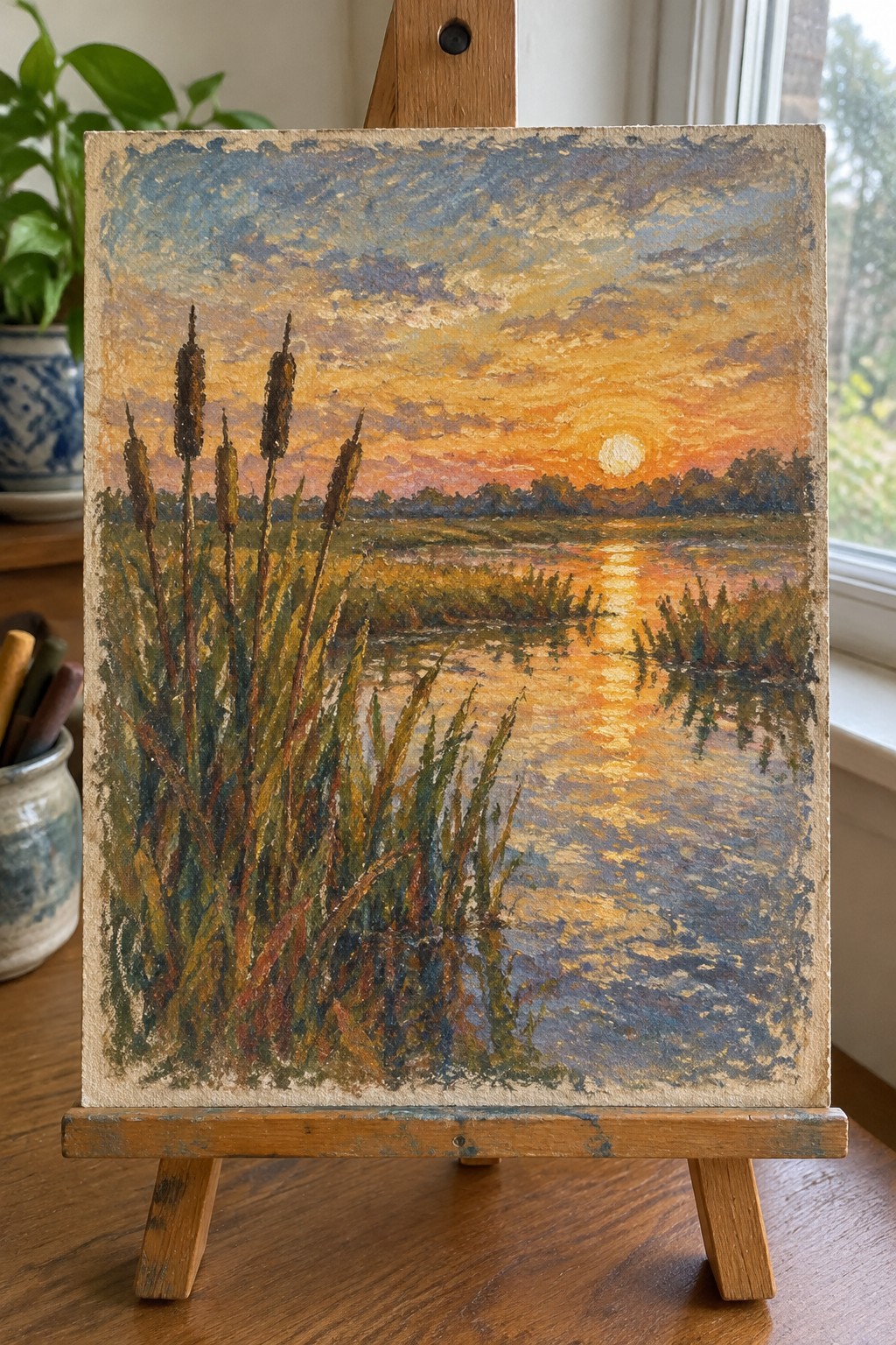 An oil painting on a wooden easel shows a sunset over a marsh with tall reeds in the foreground, water reflecting the sky, and a bright sun low on the horizon.