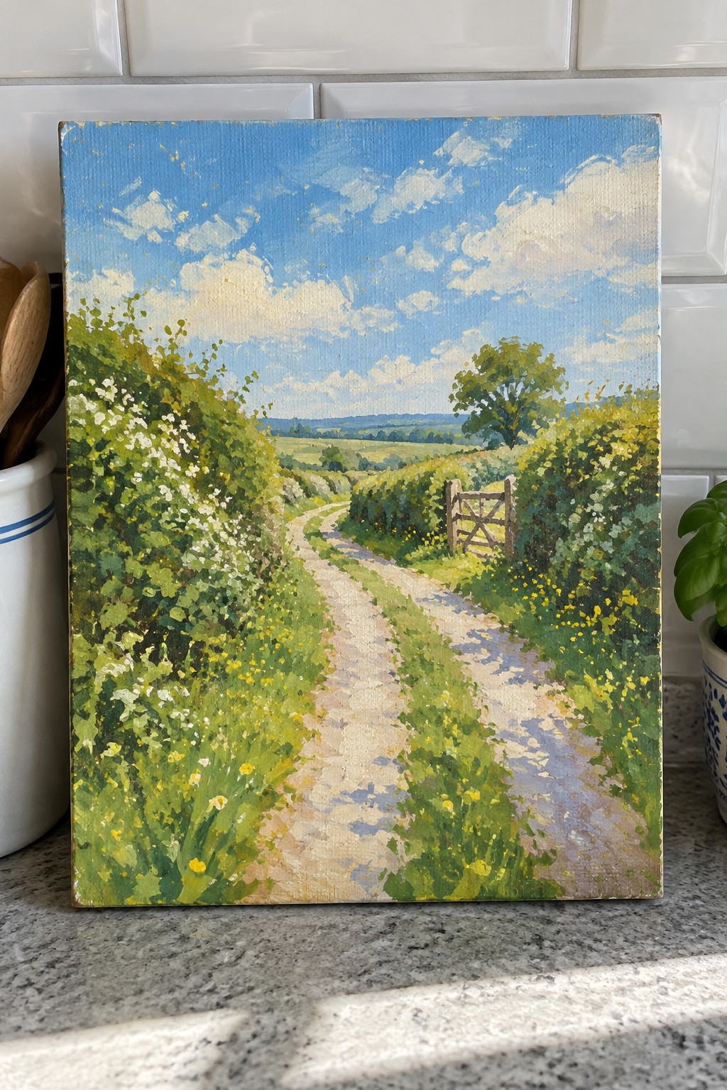 Impressionistic painting of winding path through flowering green hedges with wooden gate under blue sky.