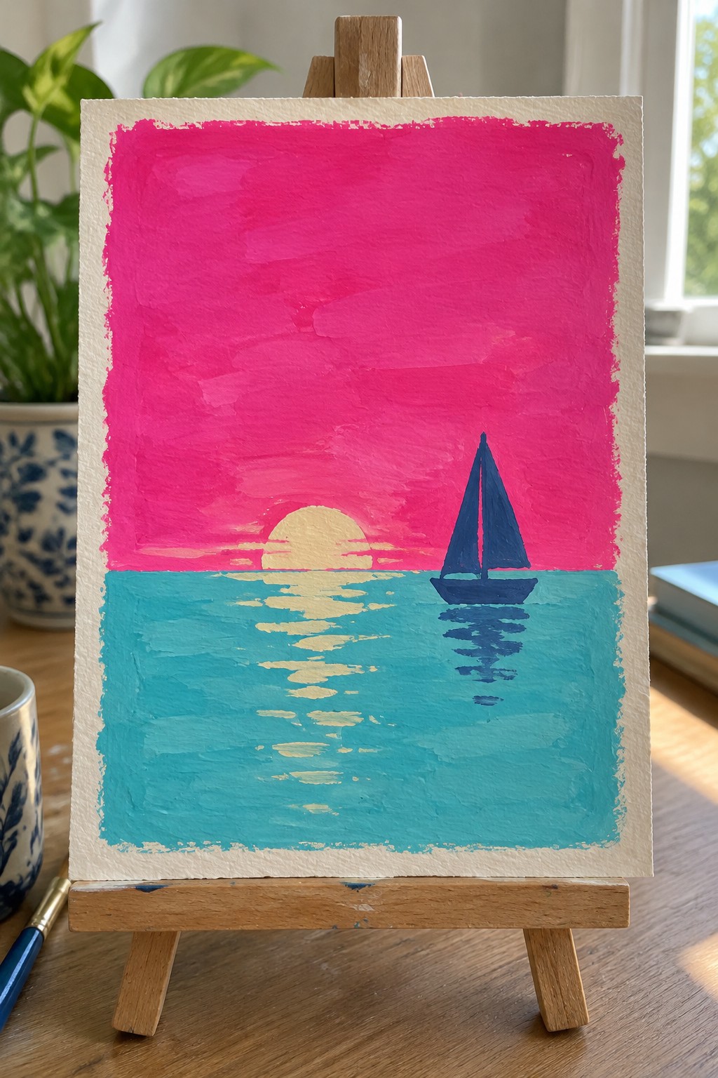 Vibrant painting on easel of blue sailboat on turquoise sea under pink sunset sky