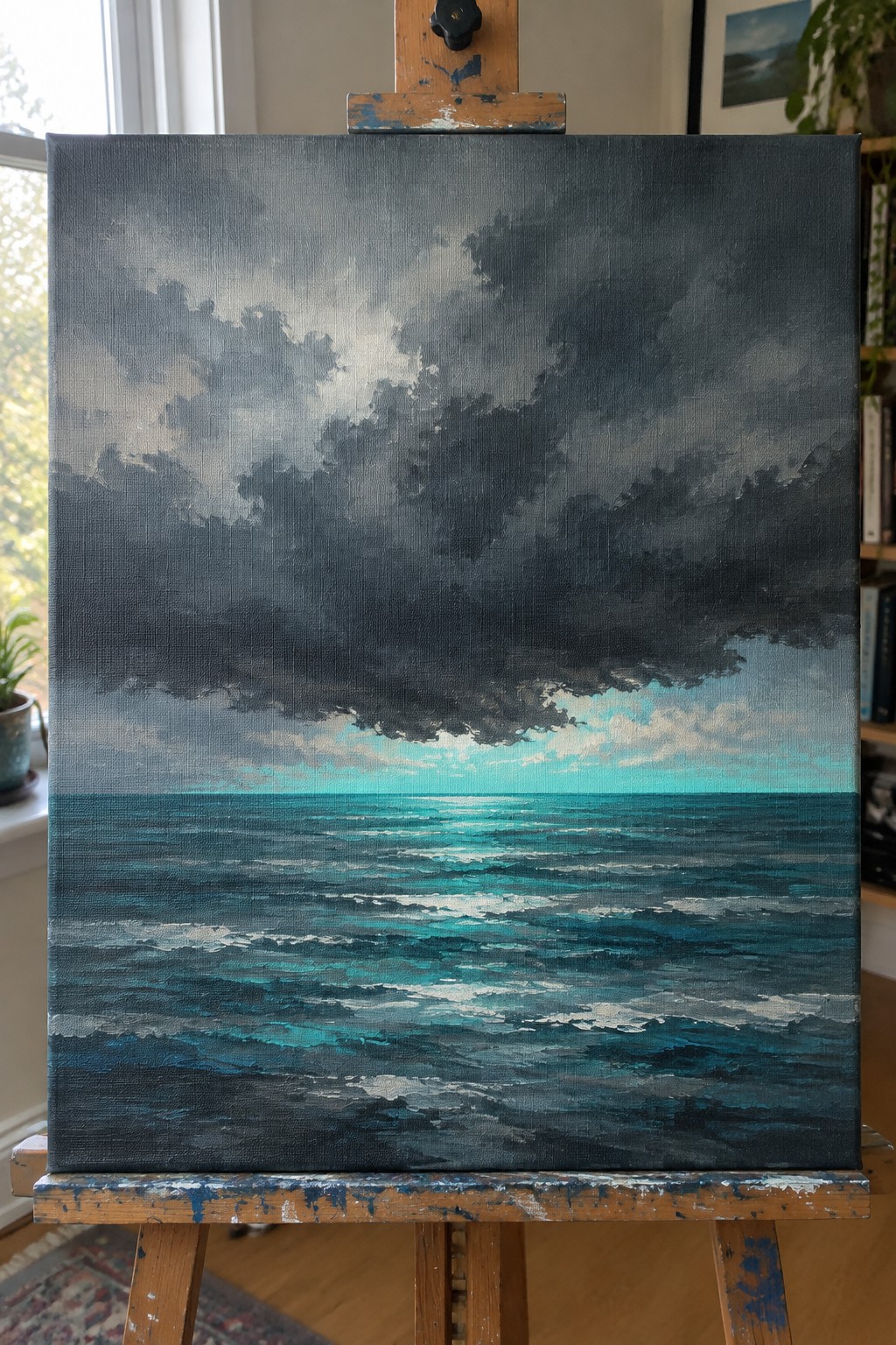 Stormy dark clouds over turquoise ocean waves on wooden easel painting