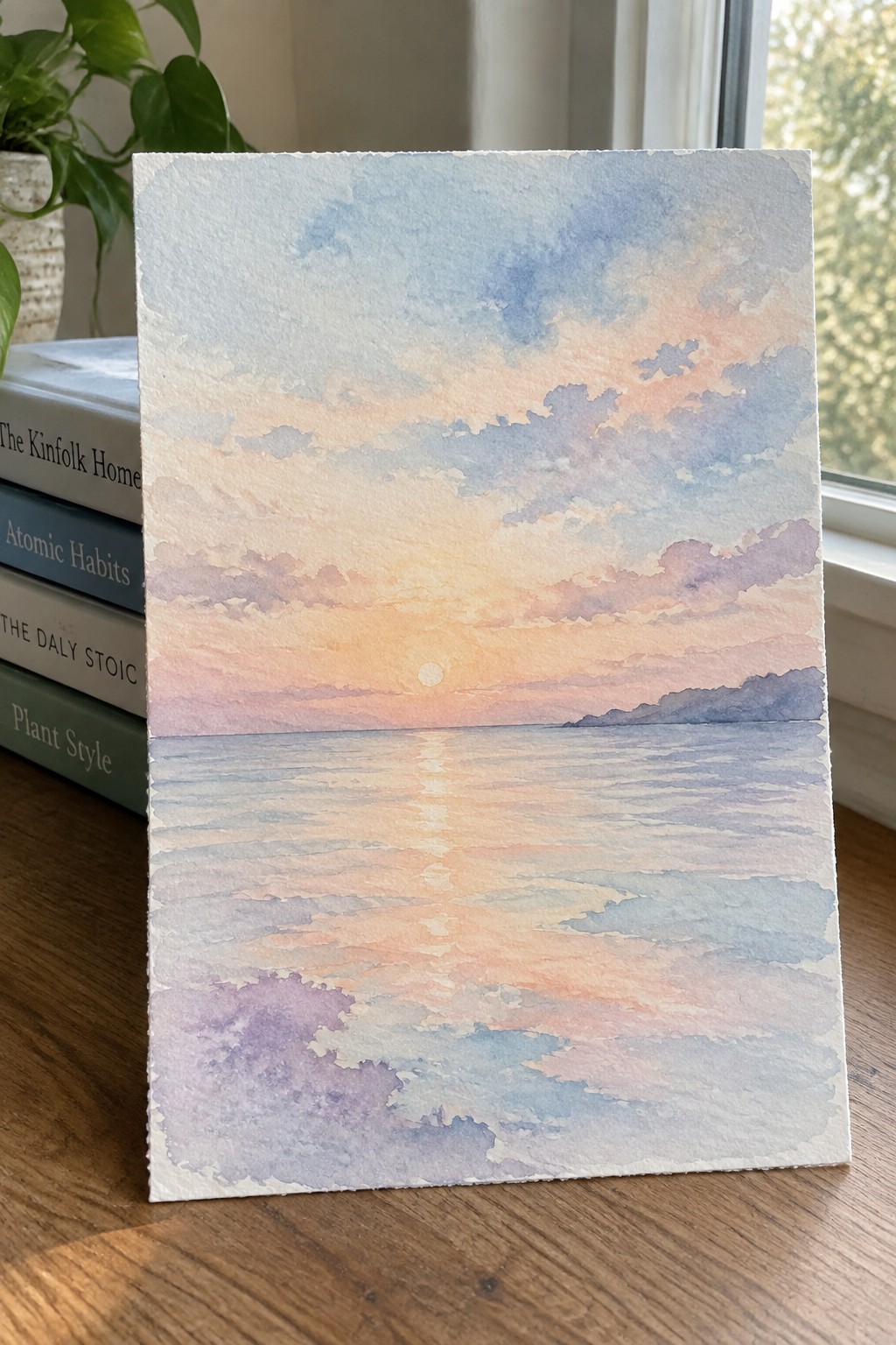 Watercolor sunset over calm sea with sun reflection, propped against books on wooden table