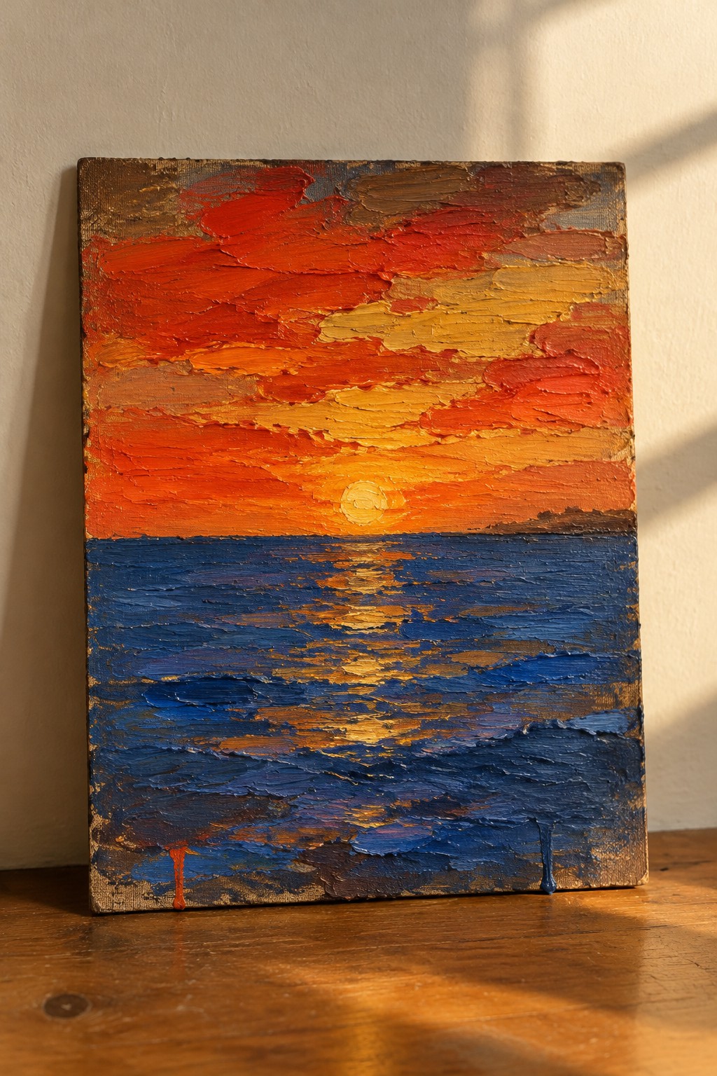 Thick impasto painting of vibrant red-orange sunset over reflective blue ocean waves.