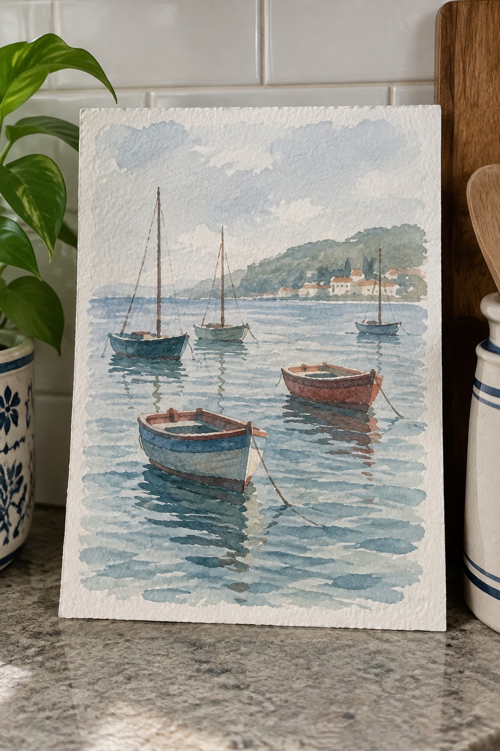 Watercolor painting of boats on calm blue water with green hills behind, on kitchen counter.