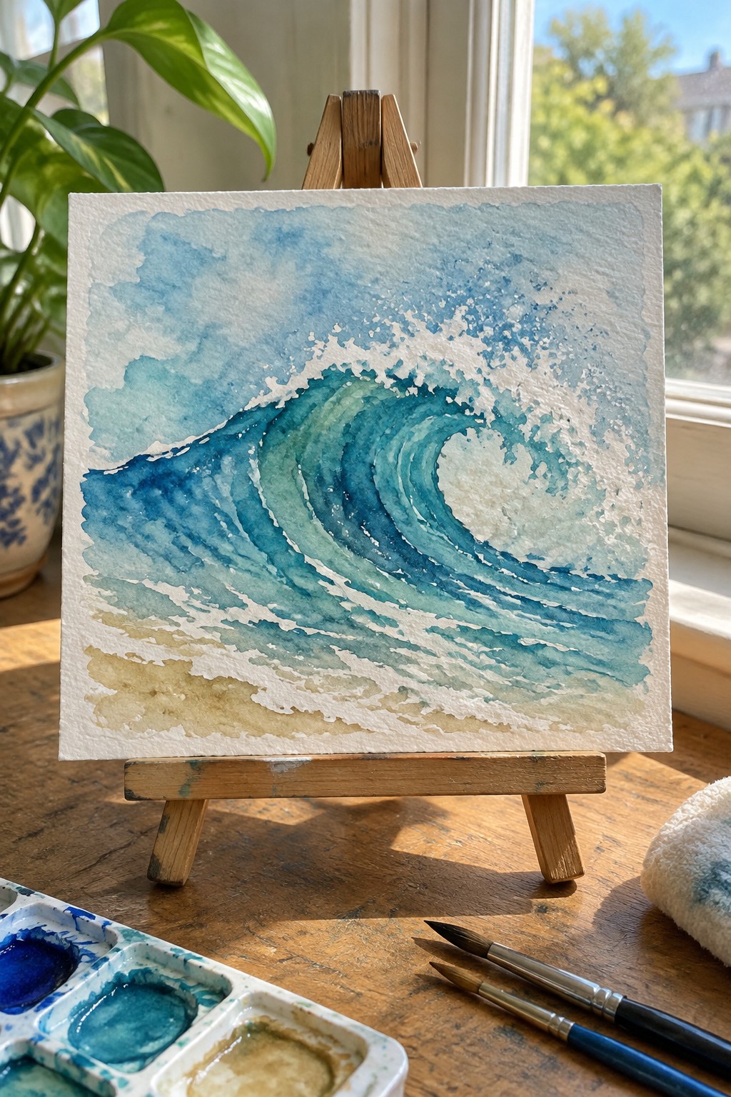 Watercolor painting of curling blue-green wave on wooden easel with palette and brushes.