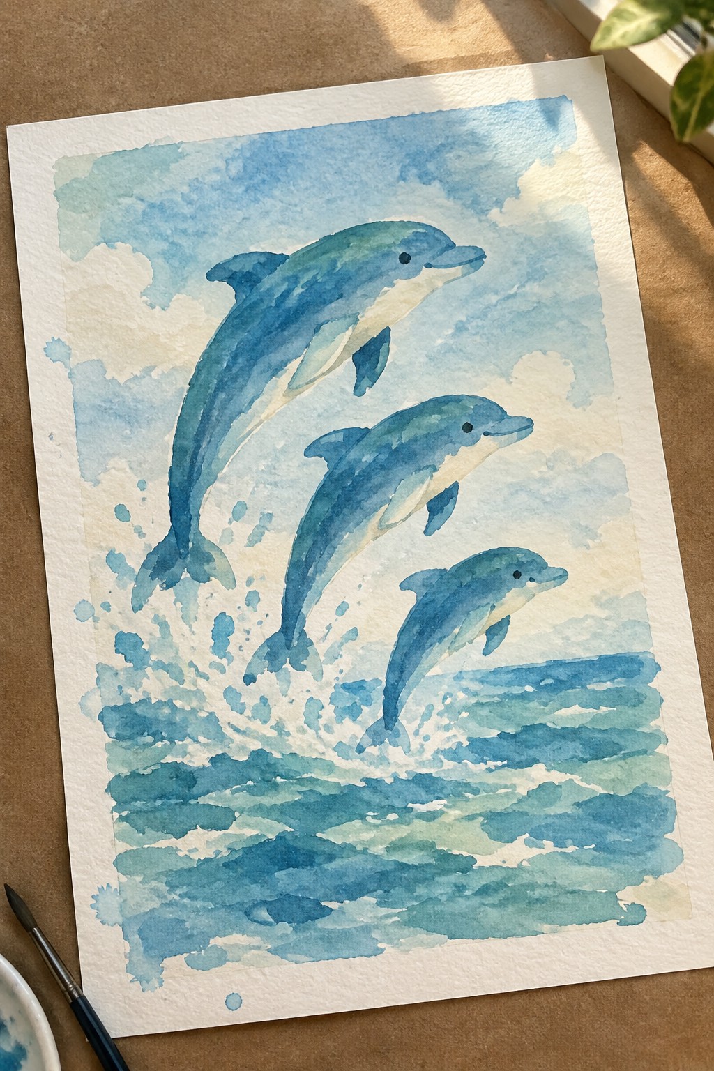 Watercolor painting of three blue dolphins leaping from splashing ocean waves under clouds