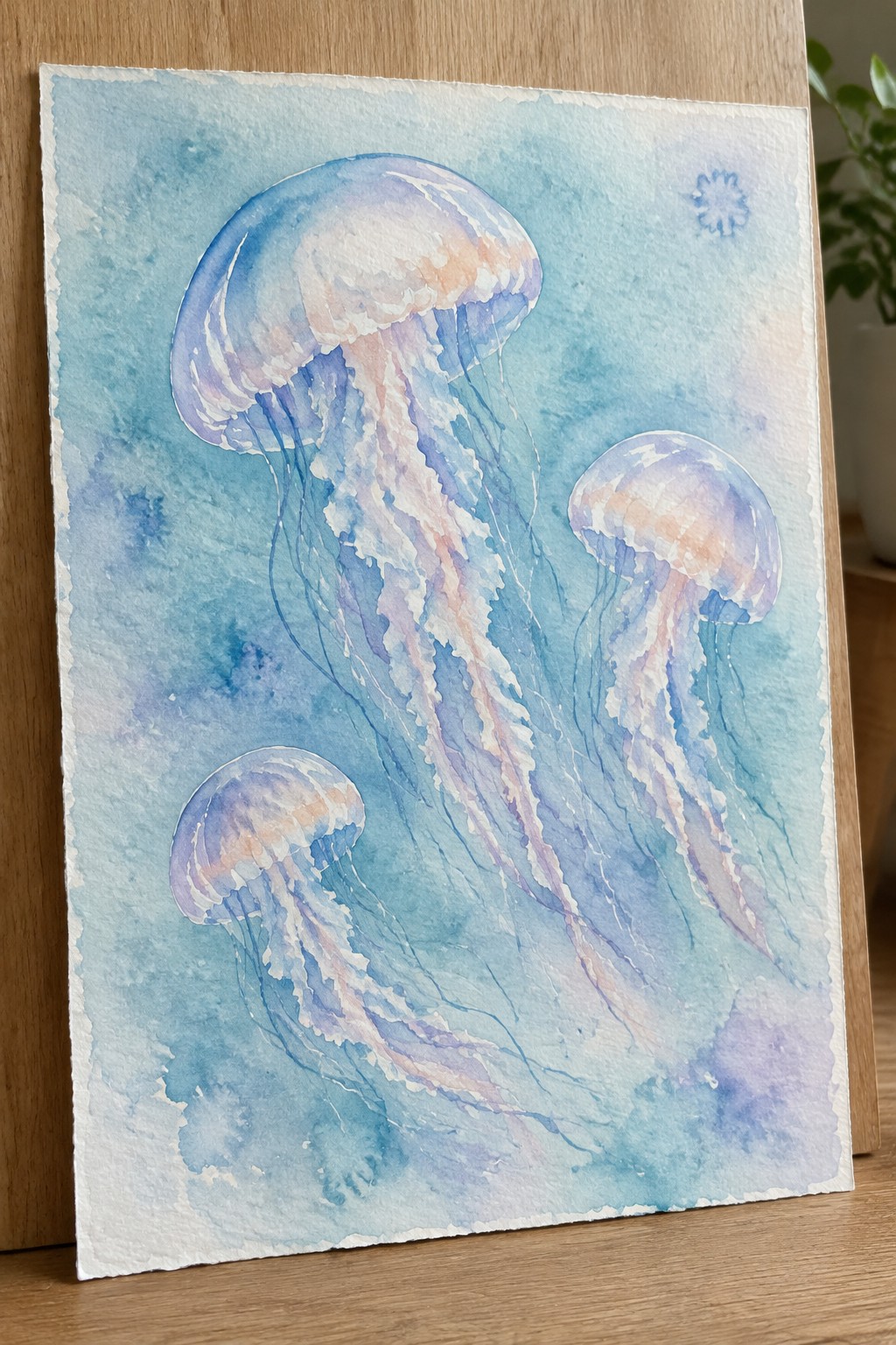 Watercolor painting of three jellyfish with flowing tentacles in blue and purple hues