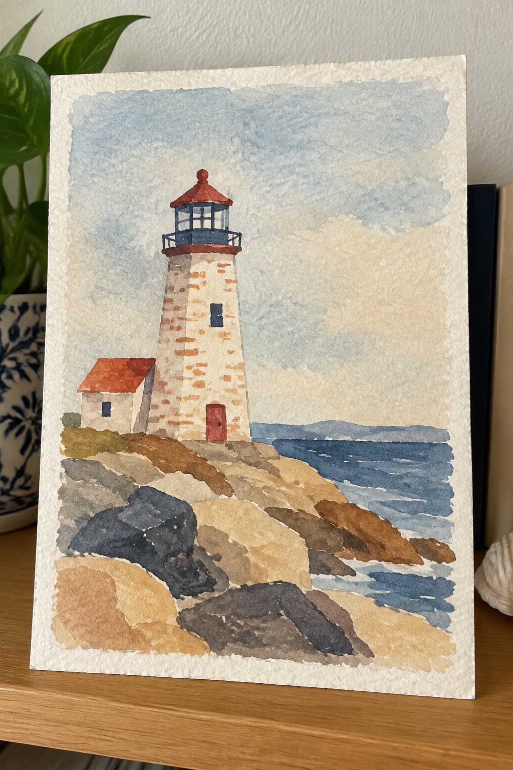 Watercolor painting of lighthouse with red roof on rocky shore beside blue ocean.