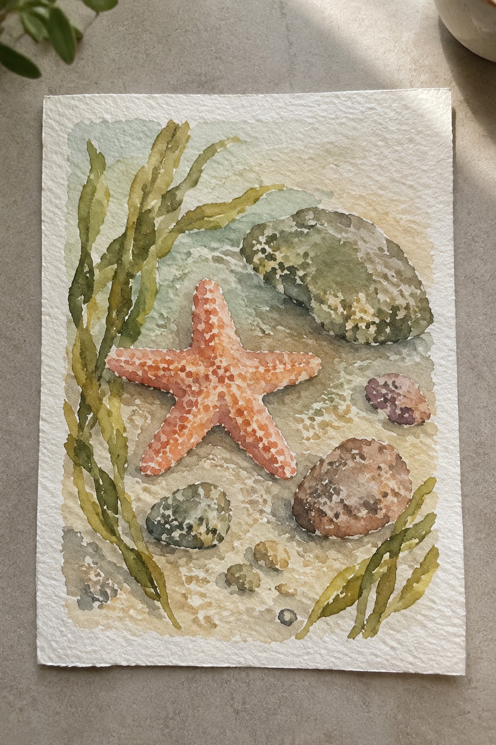 Watercolor painting of orange starfish with green seaweed and rocks on sandy seabed