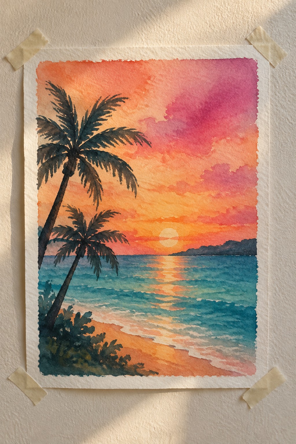 Watercolor painting of sunset beach with two palm trees, vibrant orange-pink sky, and ocean waves
