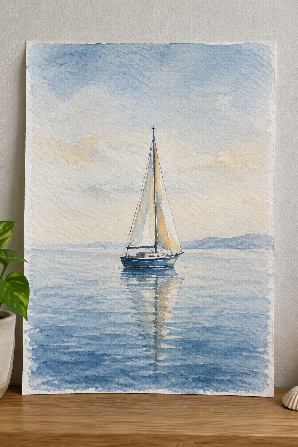 Watercolor painting of blue sailboat with white and yellow sails on calm reflective water