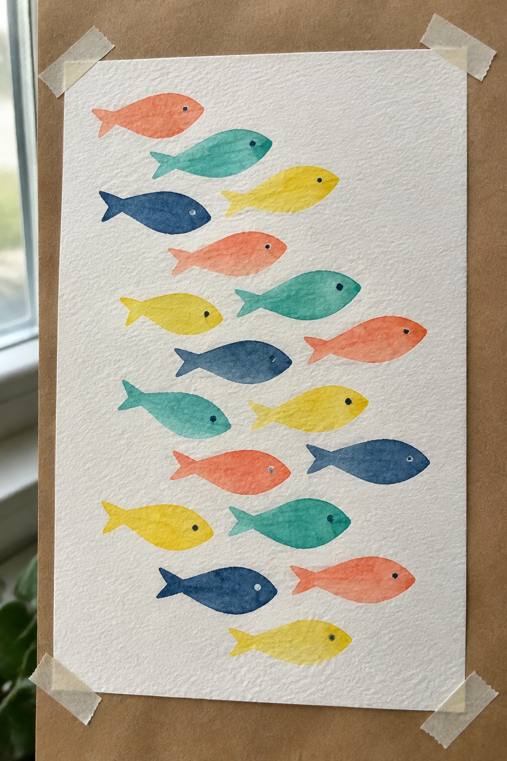 Colorful watercolor fish in orange, teal, yellow and blue on taped white paper